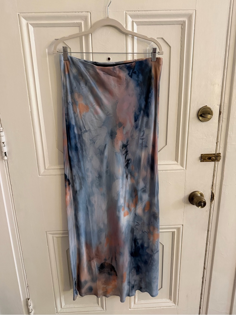 Anthropologie Tilda Maxi Skirt in Blue and Rust Tie-Dye Satin Maxi Skirt
